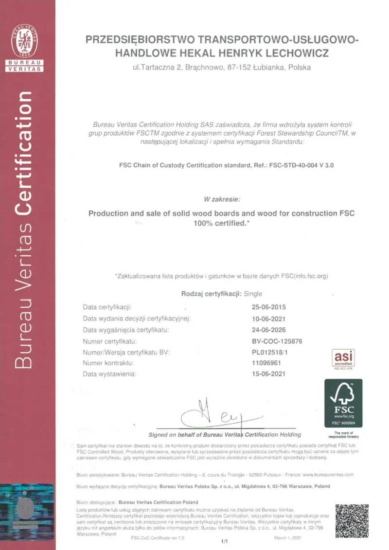 Certyfikat FSC® C125876 firmy HEKAL