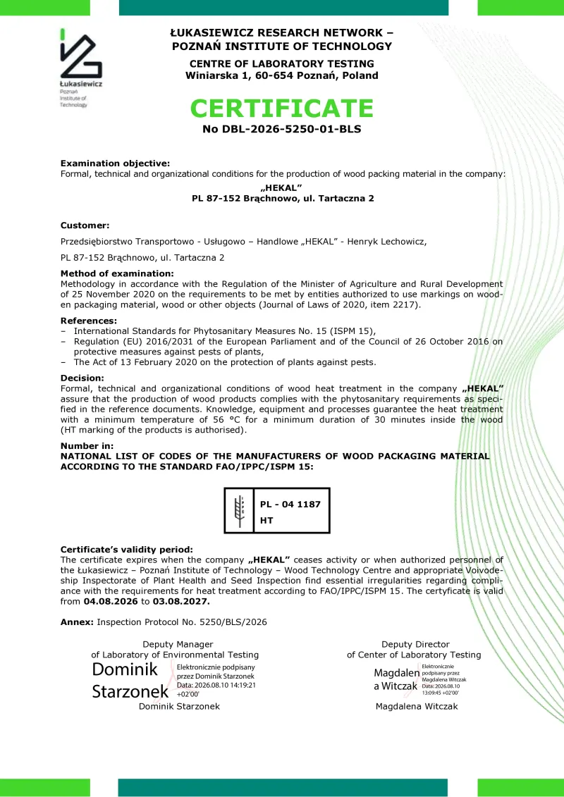 Certyfikat ISPM 15 (IPPC) firmy HEKAL - wersja angielska
