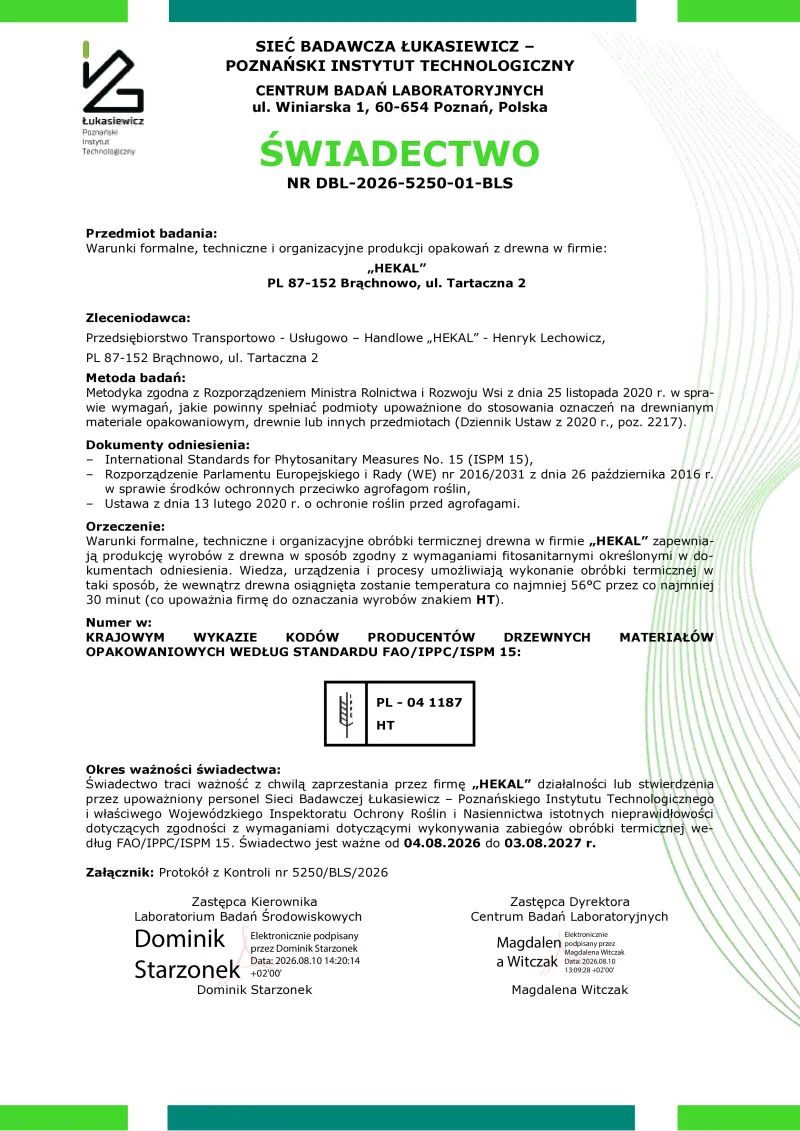 Certyfikat ISPM 15 (IPPC) firmy HEKAL - wersja polska