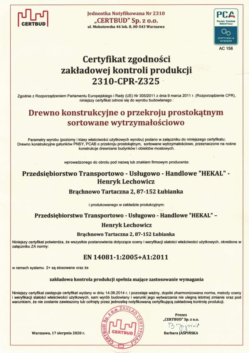 Certyfikat zgodności zakładowej kontroli produkcji firmy HEKAL - strona 1